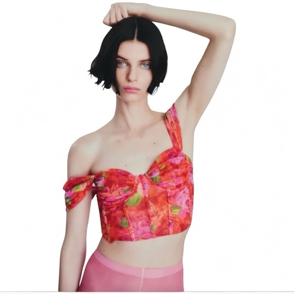 Zara Summer Corset Top Tulle Floral Pink Women's Small NEW - Picture 1 of 8